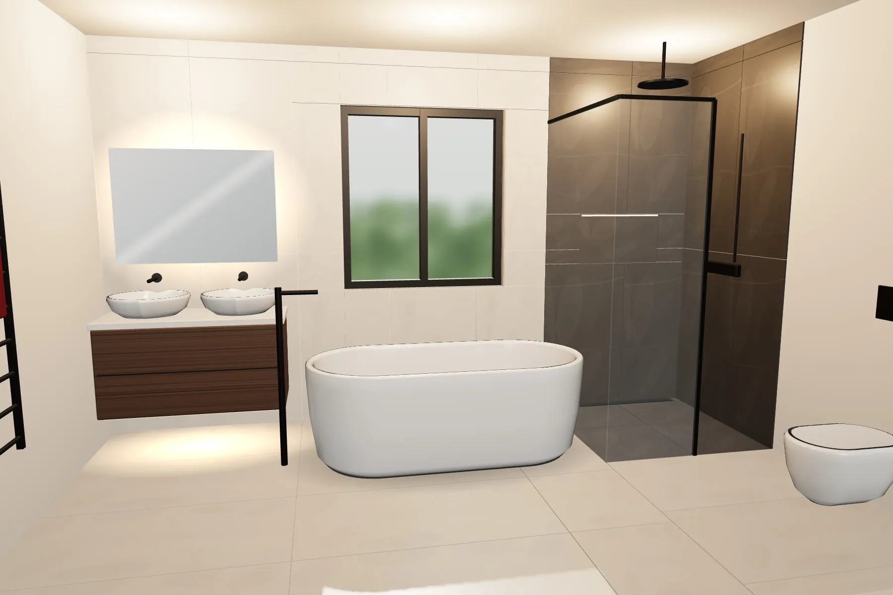Illustratie: dezelfde badkamer in 3D, zoals opgeleverd: vrijstaand bad, dubbel badmeubel en inloopdouche